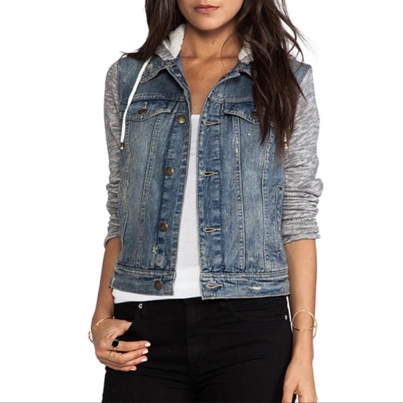 Free People Terry Jean Distressed Jean Denim Hooded Jacket